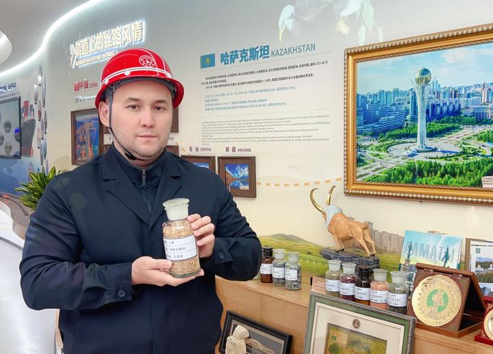 阿金汉展示从哈萨克斯坦过境连云港、运至东南亚的小麦样品(2025年11月25日摄)。(周丹 摄)