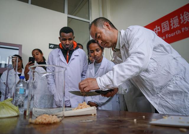 2025年8月20日,在埃塞俄比亚首都亚的斯亚贝巴,中方专家在亚的斯亚贝巴理工学院对大学生进行菌种制作技术指导。新华社记者 韩旭 摄