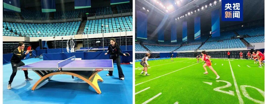 △中美“乒乓外交”55周年纪念大会现场,中美乒乓球与橄榄球跨项目互动体验。